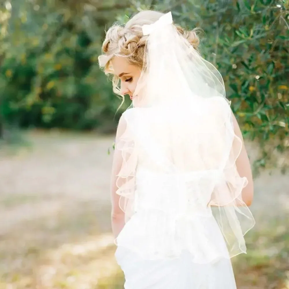 5 Layer Pearl Accents Elbow Bridal Wedding Veil With Satin Bow Comb White Veil